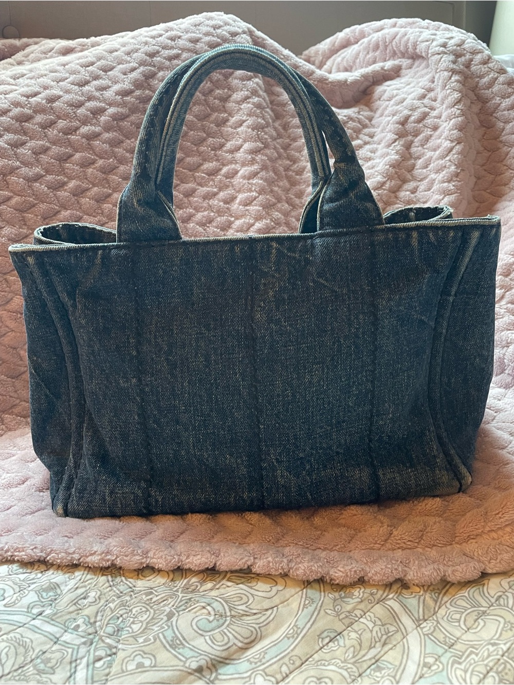 Prada Distressed Denim Canapa Tote Bag - Small Dark Blue with Black Logo - Picture 2 of 14